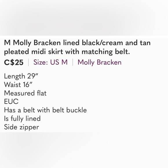 Molly Bracken M black/cream and tan lined pleated midi skirt with matching belt - Picture 10 of 10